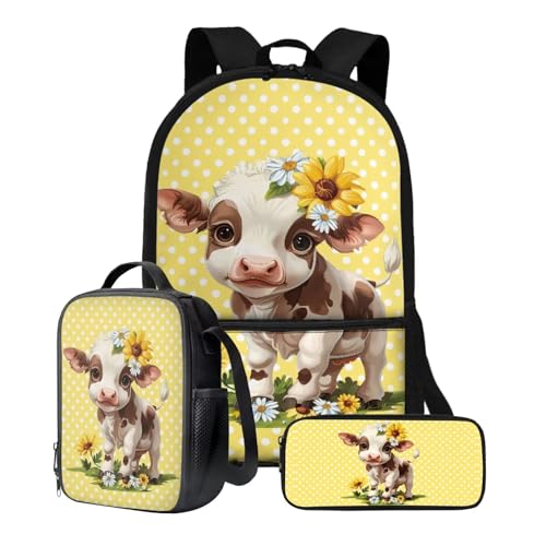 Xoenoiee Schulrucksack-Set mit 3 Stück, Teenager, Studenten, 43,2 cm, große Schultasche, Thermo-Lunchbox, Federmäppchen für Jungen und Mädchen, Kleine Kuh Sonnenblume Gänseblümchen von Xoenoiee