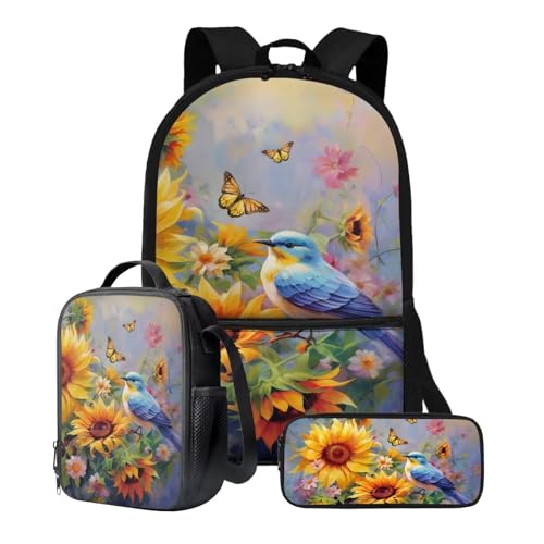 Xoenoiee Schulrucksack-Set mit 3 Stück, Teenager, Studenten, 43,2 cm, große Schultasche, Thermo-Lunchbox, Federmäppchen für Jungen und Mädchen, Kolibri, Schmetterling, lebendige Blumen von Xoenoiee