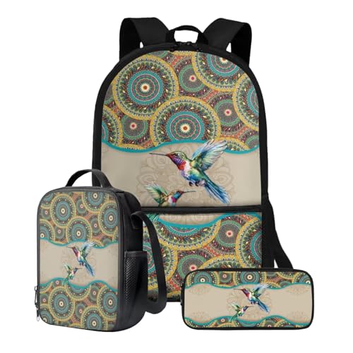 Xoenoiee Schulrucksack-Set mit 3 Stück, Teenager, Studenten, 43,2 cm, große Schultasche, Thermo-Lunchbox, Federmäppchen für Jungen und Mädchen, Kolibri Boho Mandala von Xoenoiee