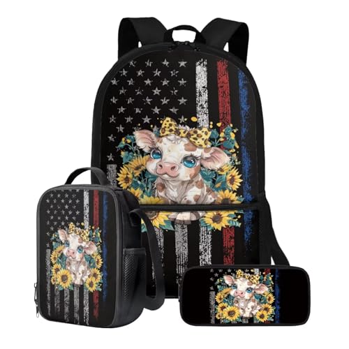 Xoenoiee Schulrucksack-Set mit 3 Stück, Teenager, Studenten, 43,2 cm, große Schultasche, Thermo-Lunchbox, Federmäppchen für Jungen und Mädchen, Kuh Sonnenblume US-Flagge von Xoenoiee