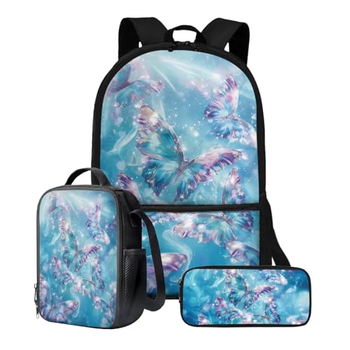 Xoenoiee Schulrucksack-Set mit 3 Stück, Teenager, Studenten, 43,2 cm, große Schultasche, Thermo-Lunchbox, Federmäppchen für Jungen und Mädchen, Schmetterlinge, blau von Xoenoiee