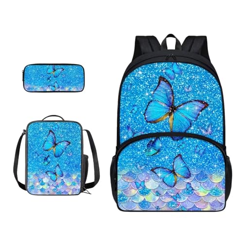 Xoenoiee Schulrucksack-Set mit 3 Stück, Teenager, Studenten, große Schultasche, Thermo-Lunchbox, Federmäppchen für Jungen und Mädchen, Blaue glitzernde Schmetterlings-Waage von Xoenoiee