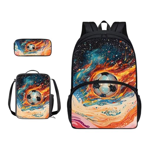 Xoenoiee Schulrucksack-Set mit 3 Stück, Teenager, Studenten, große Schultasche, Thermo-Lunchbox, Federmäppchen für Jungen und Mädchen, Bunte Fußballfarbe von Xoenoiee