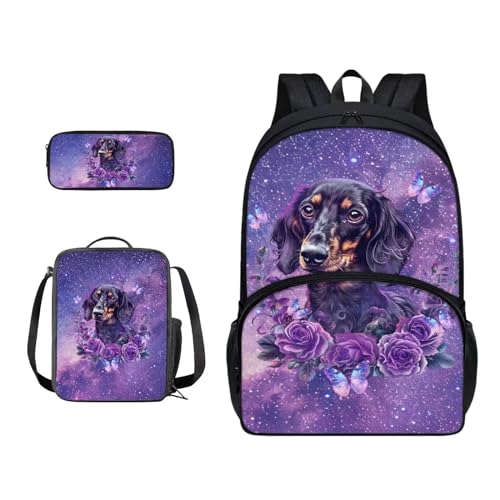 Xoenoiee Schulrucksack-Set mit 3 Stück, Teenager, Studenten, große Schultasche, Thermo-Lunchbox, Federmäppchen für Jungen und Mädchen, Dackel-Hund, Violett, Blumengalaxie von Xoenoiee