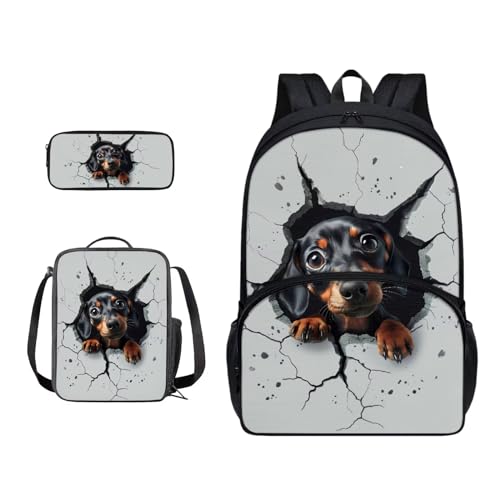 Xoenoiee Schulrucksack-Set mit 3 Stück, Teenager, Studenten, große Schultasche, Thermo-Lunchbox, Federmäppchen für Jungen und Mädchen, Dackel Hund Broken Wall von Xoenoiee