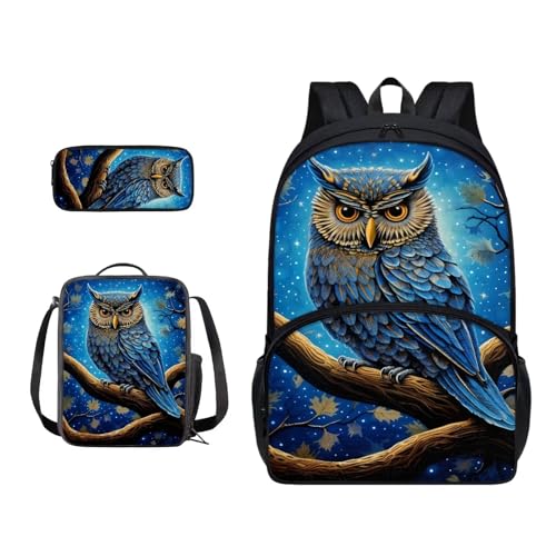 Xoenoiee Schulrucksack-Set mit 3 Stück, Teenager, Studenten, große Schultasche, Thermo-Lunchbox, Federmäppchen für Jungen und Mädchen, Eule, blaue Galaxie von Xoenoiee