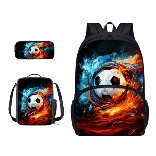 Xoenoiee Schulrucksack-Set mit 3 Stück, Teenager, Studenten, große Schultasche, Thermo-Lunchbox, Federmäppchen für Jungen und Mädchen, Feuer- und Wasserfußball von Xoenoiee