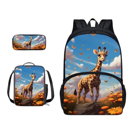 Xoenoiee Schulrucksack-Set mit 3 Stück, Teenager, Studenten, große Schultasche, Thermo-Lunchbox, Federmäppchen für Jungen und Mädchen, Giraffe, Schmetterling von Xoenoiee