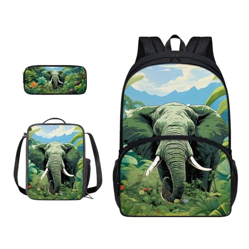 Xoenoiee Schulrucksack-Set mit 3 Stück, Teenager, Studenten, große Schultasche, Thermo-Lunchbox, Federmäppchen für Jungen und Mädchen, Grüner Elefantenwald von Xoenoiee