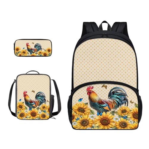 Xoenoiee Schulrucksack-Set mit 3 Stück, Teenager, Studenten, große Schultasche, Thermo-Lunchbox, Federmäppchen für Jungen und Mädchen, Huhn, Schmetterling, Sonnenblume von Xoenoiee