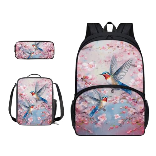 Xoenoiee Schulrucksack-Set mit 3 Stück, Teenager, Studenten, große Schultasche, Thermo-Lunchbox, Federmäppchen für Jungen und Mädchen, Kolibri rosa Blumen von Xoenoiee