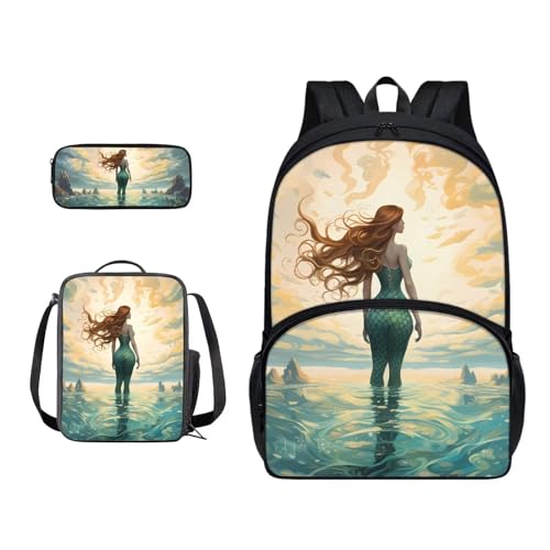 Xoenoiee Schulrucksack-Set mit 3 Stück, Teenager, Studenten, große Schultasche, Thermo-Lunchbox, Federmäppchen für Jungen und Mädchen, Meerjungfrau Fisch Meer von Xoenoiee