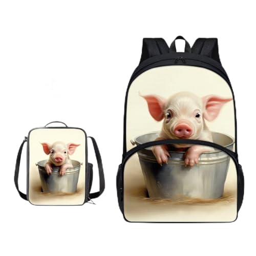 Xoenoiee Schulrucksack-Set mit 3 Stück, Teenager, Studenten, große Schultasche, Thermo-Lunchbox, Federmäppchen für Jungen und Mädchen, Niedlicher Schweine-Eimer von Xoenoiee