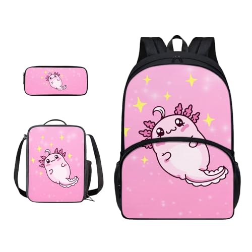 Xoenoiee Schulrucksack-Set mit 3 Stück, Teenager, Studenten, große Schultasche, Thermo-Lunchbox, Federmäppchen für Jungen und Mädchen, Niedliches Axolotl Pink von Xoenoiee