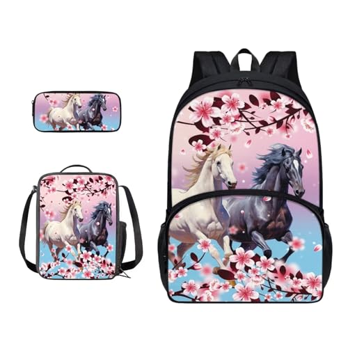 Xoenoiee Schulrucksack-Set mit 3 Stück, Teenager, Studenten, große Schultasche, Thermo-Lunchbox, Federmäppchen für Jungen und Mädchen, Pferde rosa Blumen von Xoenoiee