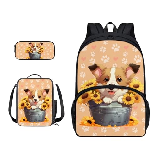 Xoenoiee Schulrucksack-Set mit 3 Stück, Teenager, Studenten, große Schultasche, Thermo-Lunchbox, Federmäppchen für Jungen und Mädchen, Süße Corgi-Pfoten-Sonnenblume von Xoenoiee