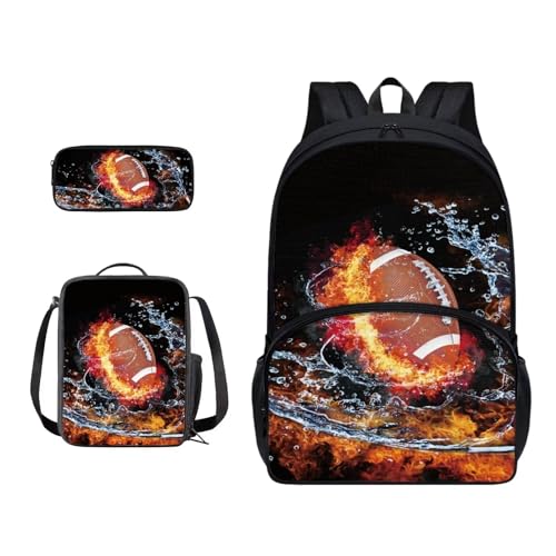 Xoenoiee Schulrucksack-Set mit 3 Stück, Teenager, Studenten, große Schultasche, Thermo-Lunchbox, Federmäppchen für Jungen und Mädchen, Water and Fire American Football von Xoenoiee