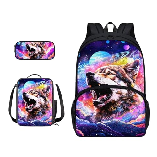 Xoenoiee Schulrucksack-Set mit 3 Stück, Teenager, Studenten, große Schultasche, Thermo-Lunchbox, Federmäppchen für Jungen und Mädchen, Wolf, bunte Galaxie von Xoenoiee