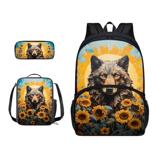 Xoenoiee Schulrucksack-Set mit 3 Stück, Teenager, Studenten, große Schultasche, Thermo-Lunchbox, Federmäppchen für Jungen und Mädchen, Wolf und Sonnenblume von Xoenoiee