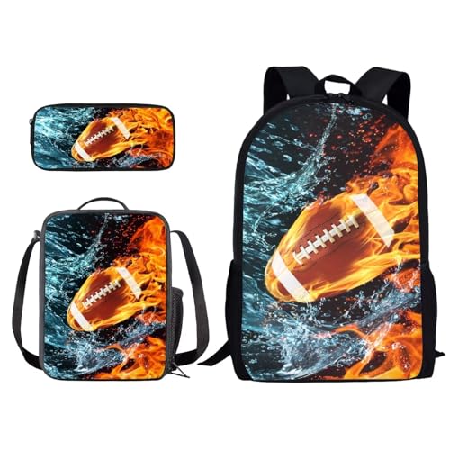 Xoenoiee Schulrucksack-Set mit 3-teiligem Druck, mit Lunchtasche und Federmäppchen für Studenten, Kinder, Teenager, American Football Feuer- und Wasserspritzer, Einheitsgröße von Xoenoiee