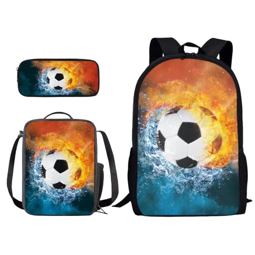 Xoenoiee Schulrucksack-Set mit 3-teiligem Druck, mit Lunchtasche und Federmäppchen für Studenten, Kinder, Teenager, Feuer- und Wasserspritzer-Fußball, Einheitsgröße von Xoenoiee