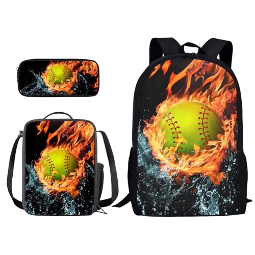 Xoenoiee Schulrucksack-Set mit 3-teiligem Druck, mit Lunchtasche und Federmäppchen für Studenten, Kinder, Teenager, Feuer- und Wasserspritzer-Softball, Einheitsgröße von Xoenoiee