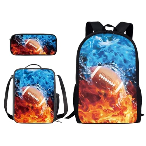 Xoenoiee Schulrucksack-Set mit 3-teiligem Druck, mit Lunchtasche und Federmäppchen für Studenten, Kinder, Teenager, Feuerwasserspritzer American Football, Rot / Blau, Einheitsgröße von Xoenoiee