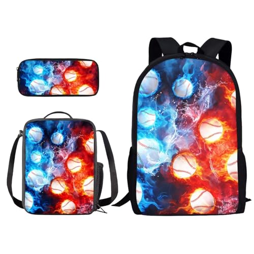 Xoenoiee Schulrucksack-Set mit 3-teiligem Druck, mit Lunchtasche und Federmäppchen für Studenten, Kinder, Teenager, Feuerwasserspritzer Baseballs, Einheitsgröße von Xoenoiee