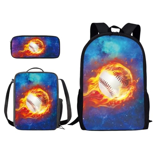 Xoenoiee Schulrucksack-Set mit 3-teiligem Druck, mit Lunchtasche und Federmäppchen für Studenten, Kinder, Teenager, Fire Baseball Galaxy, Einheitsgröße von Xoenoiee