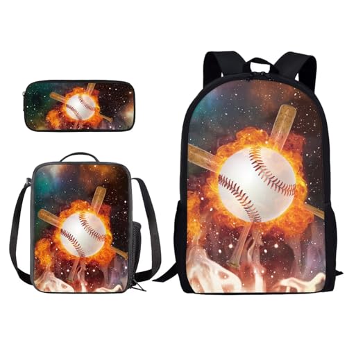 Xoenoiee Schulrucksack-Set mit 3-teiligem Druck, mit Lunchtasche und Federmäppchen für Studenten, Kinder, Teenager, Fire Baseball und Fledermaus-Galaxie, Einheitsgröße von Xoenoiee