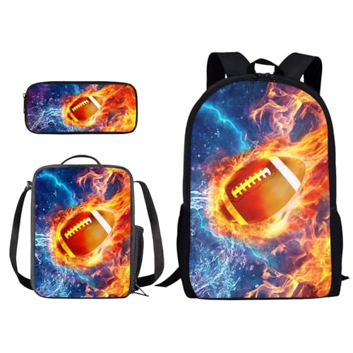 Xoenoiee Schulrucksack-Set mit 3-teiligem Druck, mit Lunchtasche und Federmäppchen für Studenten, Kinder, Teenager, Galaxy Fire Water Splatter American Football, Einheitsgröße von Xoenoiee