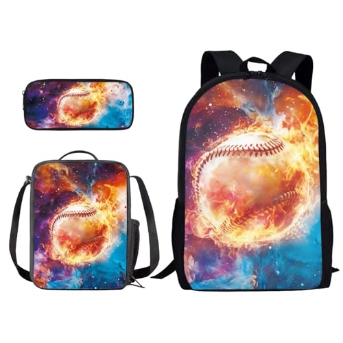 Xoenoiee Schulrucksack-Set mit 3-teiligem Druck, mit Lunchtasche und Federmäppchen für Studenten, Kinder, Teenager, Galaxy Red Blue Fire Baseball, Einheitsgröße von Xoenoiee