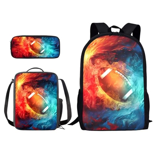 Xoenoiee Schulrucksack-Set mit 3-teiligem Druck, mit Lunchtasche und Federmäppchen für Studenten, Kinder, Teenager, Red and Blue Fire American Football, Einheitsgröße von Xoenoiee