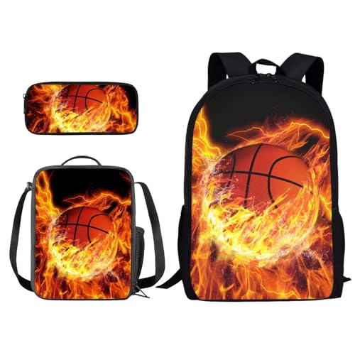 Xoenoiee Schulrucksack-Set mit 3-teiligem Druck, mit Lunchtasche und Federmäppchen für Studenten, Kinder, Teenager, Vibrant Fire Basketball, Einheitsgröße von Xoenoiee