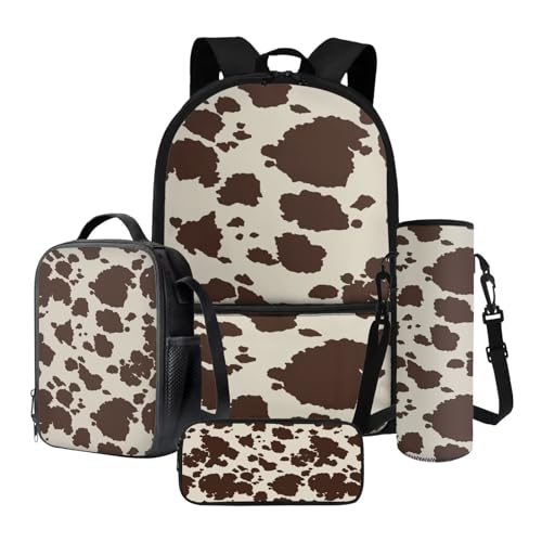 Xoenoiee Schulrucksack-Set mit Lunchbox, Federmäppchen und Wasserflaschenhalter für Teenager, Kinder, Grundschule, Brauner Kuh-Punkt, Einheitsgröße, Schulranzen-Set von Xoenoiee
