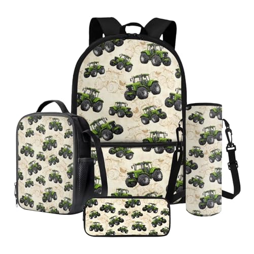 Xoenoiee Schulrucksack-Set mit Lunchbox, Federmäppchen und Wasserflaschenhalter für Teenager, Kinder, Grundschule, Cartoon-Farm-Traktoren, Einheitsgröße, Schulranzen-Set von Xoenoiee