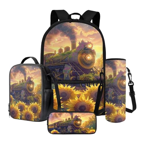 Xoenoiee Schulrucksack-Set mit Lunchbox, Federmäppchen und Wasserflaschenhalter für Teenager, Kinder, Grundschule, Dampflok Sonnenblume, Einheitsgröße, Schulranzen-Set von Xoenoiee