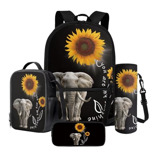 Xoenoiee Schulrucksack-Set mit Lunchbox, Federmäppchen und Wasserflaschenhalter für Teenager, Kinder, Grundschule, Elefanten-Sonnenblume, Einheitsgröße, Schulranzen-Set von Xoenoiee