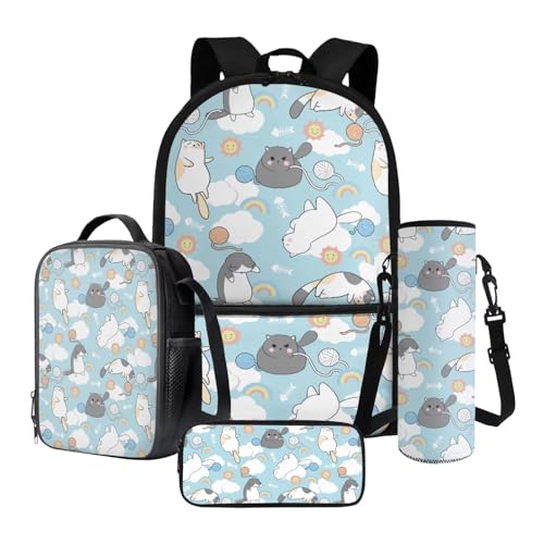 Xoenoiee Schulrucksack-Set mit Lunchbox, Federmäppchen und Wasserflaschenhalter für Teenager, Kinder, Grundschule, Süße Katzen, Einheitsgröße, Schulranzen-Set von Xoenoiee