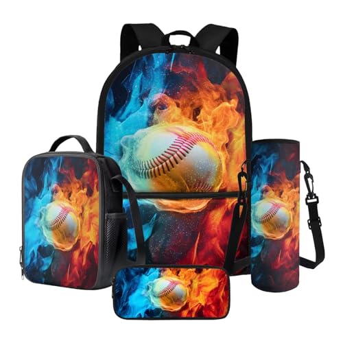 Xoenoiee Schultaschen-Set mit Kugelmuster, für Jungen und Mädchen, großer Rucksack, Lunchbox mit Wasserflaschenhalter, Tasche und Federmäppchen, 4-teilig, Feuer-Baseball in Rot und Blau, Einheitsgröße von Xoenoiee