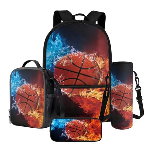 Xoenoiee Schultaschen-Set mit Kugelmuster, für Jungen und Mädchen, großer Rucksack, Lunchbox mit Wasserflaschenhalter, Tasche und Federmäppchen, 4-teilig, Fire Water Splatter Basketball-2 von Xoenoiee