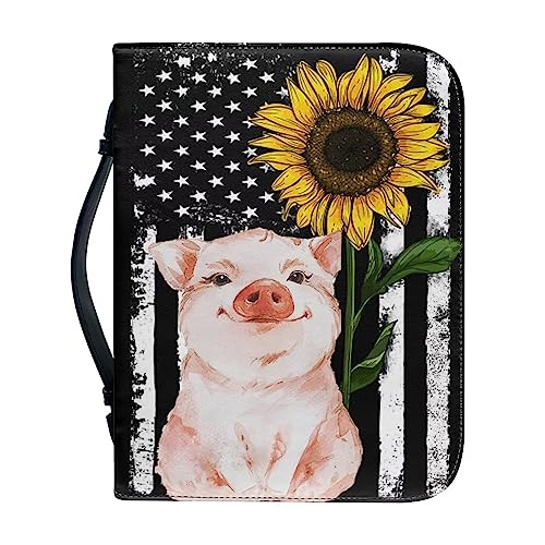 Xoenoiee Sonnenblume US-Flagge Schwein Druck Bibelhülle mit Griffen Reißverschluss Bibeltragetasche für Frauen Männer Bibeltasche für Kinder Bibelbuchhülle Bibelzubehör, XL von Xoenoiee