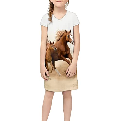 Xoenoiee Stilvolle V-Ausschnitt Mädchen Kleider für Outdoor Party Schule Kinder Kurzarm Rock Polyester Bequem Kinderkleid, pferd, 13-14 Jahre von Xoenoiee