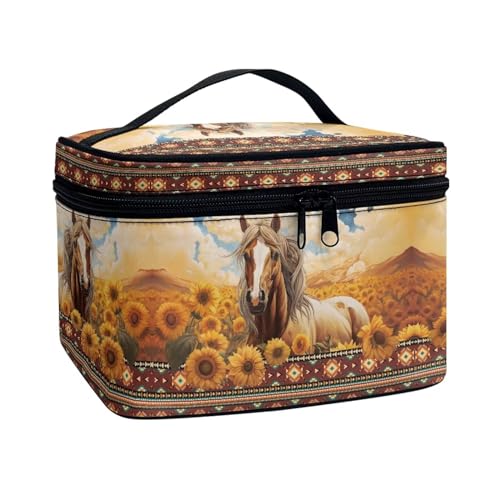 Xoenoiee Tragbare Make-up-Tasche, Reise-Kulturbeutel, große Kapazität, Kosmetik-Organizer-Tasche mit Griff, für Damen und Mädchen, Azteken-Sonnenblume, Einheitsgröße von Xoenoiee