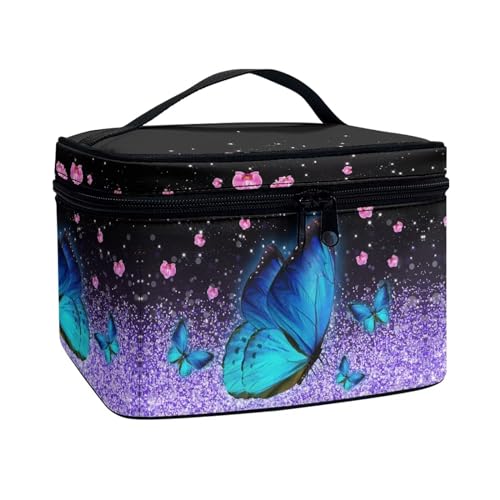 Xoenoiee Tragbare Make-up-Tasche, Reise-Kulturbeutel, große Kapazität, Kosmetik-Organizer-Tasche mit Griff, für Damen und Mädchen, Blauer Schmetterling und Blumen, Einheitsgröße von Xoenoiee