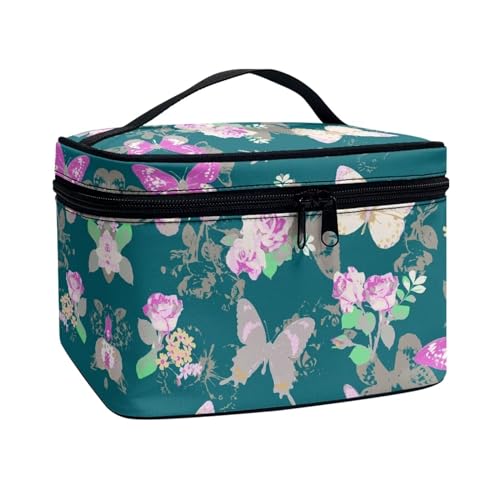 Xoenoiee Tragbare Make-up-Tasche, Reise-Kulturbeutel, große Kapazität, Kosmetik-Organizer-Tasche mit Griff, für Damen und Mädchen, Vintage-Schmetterling-Blumen, Einheitsgröße von Xoenoiee