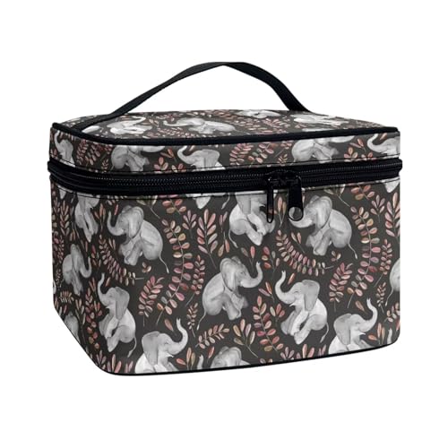 Xoenoiee Tragbare Make-up-Tasche, große Make-up-Tasche, Organizer mit Pinselschlitzen, Reise-Kulturbeutel, Kosmetiktasche für Damen und Mädchen, Elefant rotes Blatt, Einheitsgröße von Xoenoiee