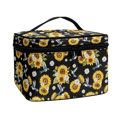 Xoenoiee Tragbare Make-up-Tasche, große Make-up-Tasche, Organizer mit Pinselschlitzen, Reise-Kulturbeutel, Kosmetiktasche für Damen und Mädchen, Kolibri, Sonnenblume und Gänseblümchen, Einheitsgröße von Xoenoiee