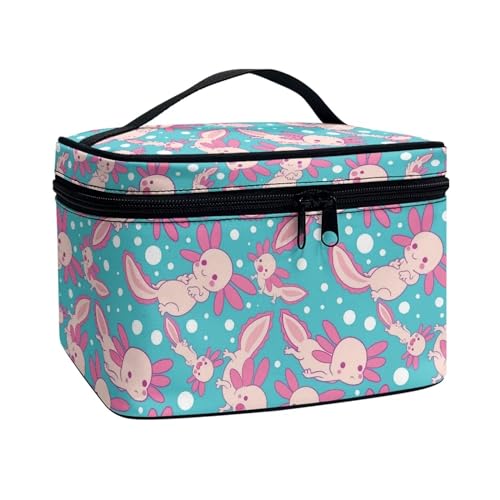 Xoenoiee Tragbare Make-up-Tasche, große Make-up-Tasche, Organizer mit Pinselschlitzen, Reise-Kulturbeutel, Kosmetiktasche für Damen und Mädchen, Niedliches Axolotl-Blau, Einheitsgröße von Xoenoiee