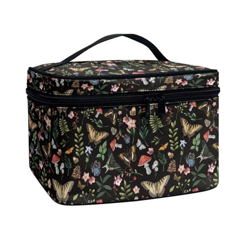 Xoenoiee Tragbare Make-up-Tasche, große Make-up-Tasche, Organizer mit Pinselschlitzen, Reise-Kulturbeutel, Kosmetiktasche für Damen und Mädchen, Vintage-Pilz-Schmetterling, Einheitsgröße von Xoenoiee